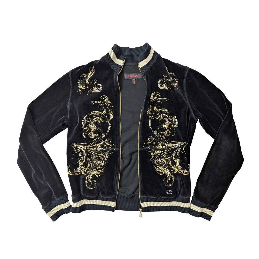 Vintage Escada Velvet Bomber Jacket Gold‎ Baroque Rhinestone Zip EU 36 Y2K
